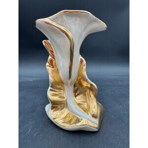 Vintage Vase Pearlescent with Gold Calla Lily Hollywood Regency 22K gold 7"